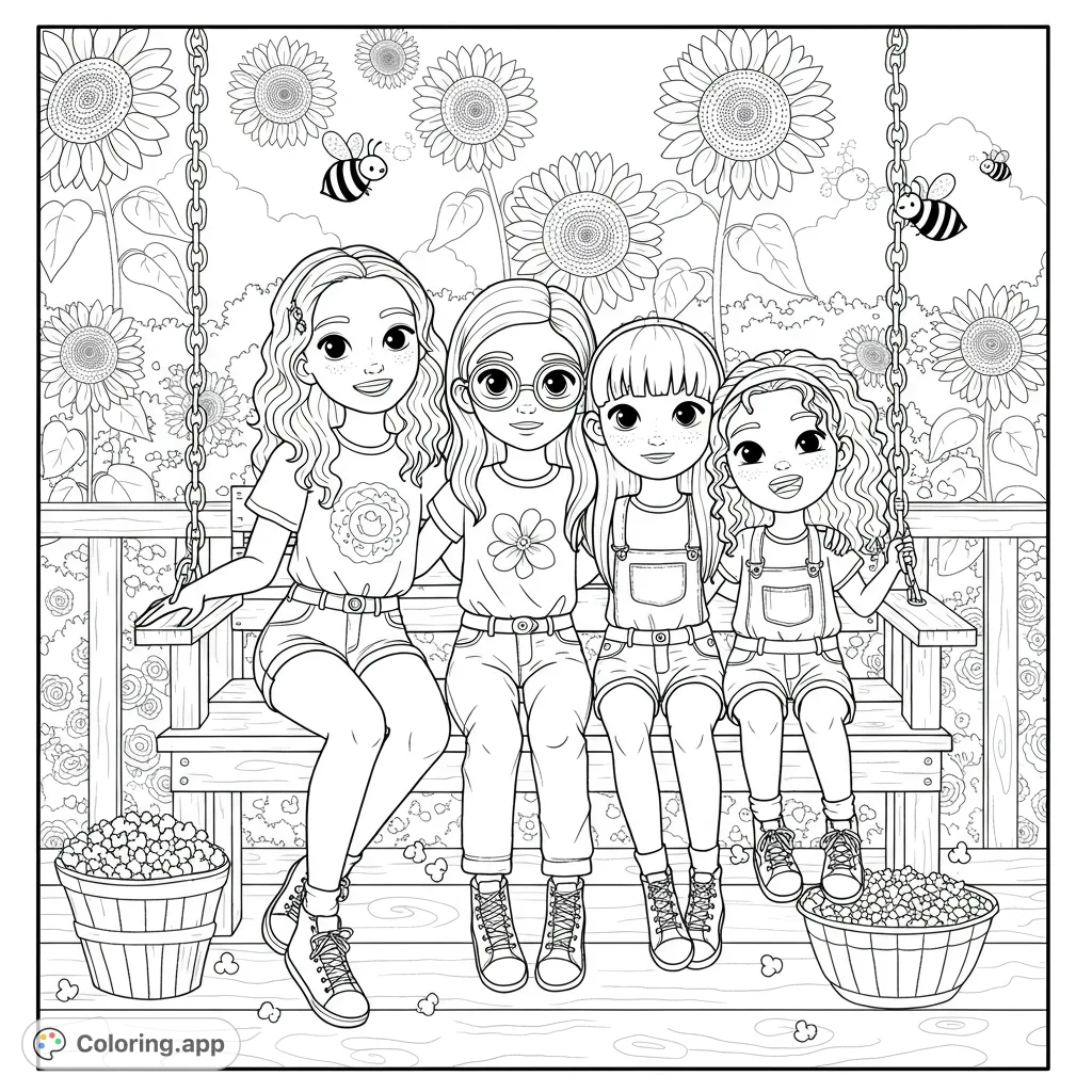 A heartwarming scene of three sisters on a porch swing, surrounded by cheerful sunflowers and playful bees. Perfect for family-themed coloring fun.