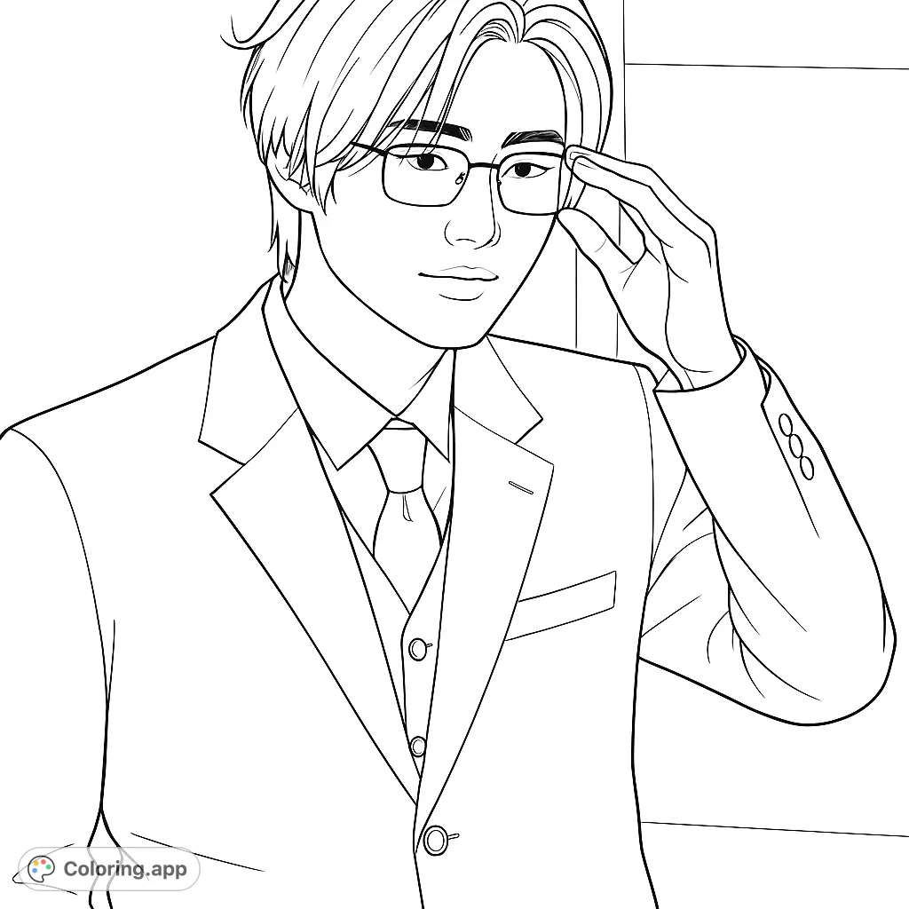 A sophisticated portrait of a person in a suit and glasses, captured in a thoughtful pose. This elegant design is perfect for fashion and portrait enthusiasts.