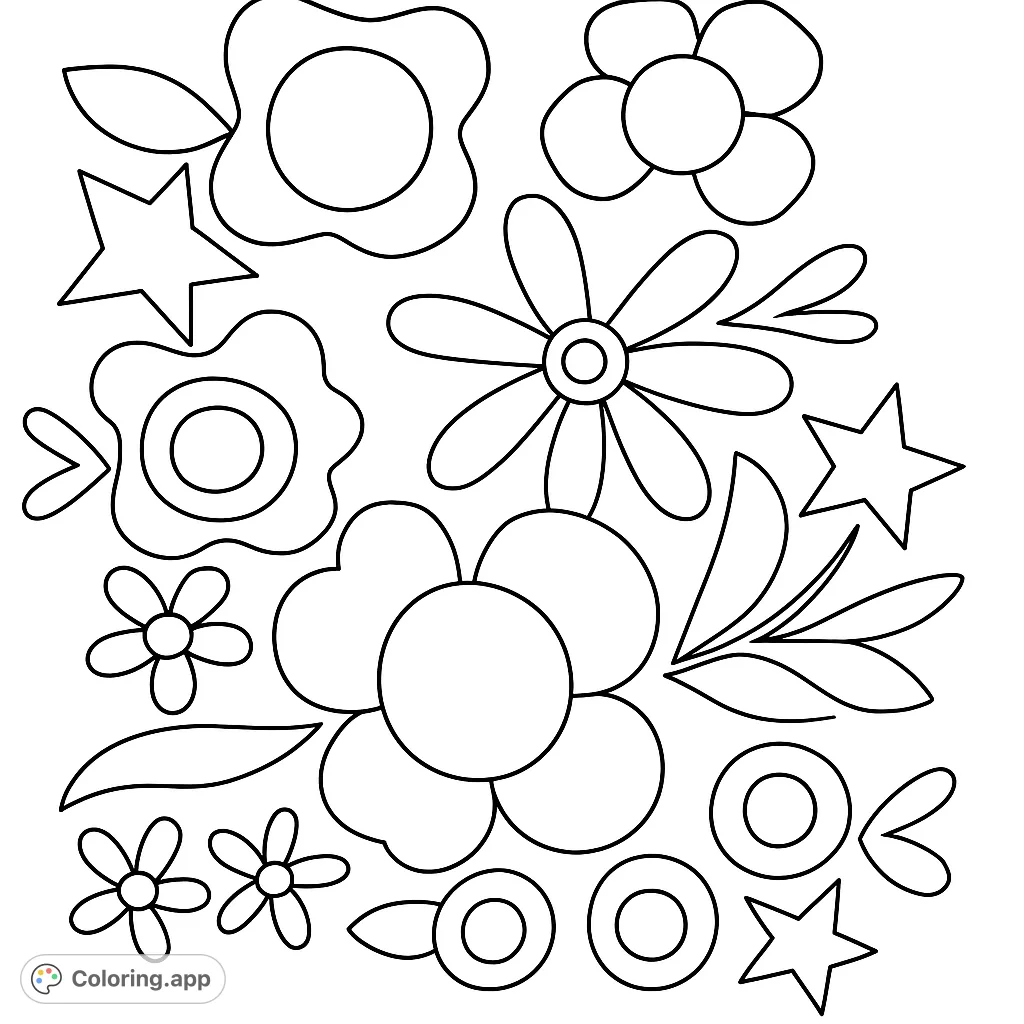 Explore a delightful array of whimsical flowers, leaves, and stars. A charming and simple design perfect for creative expression and relaxation.