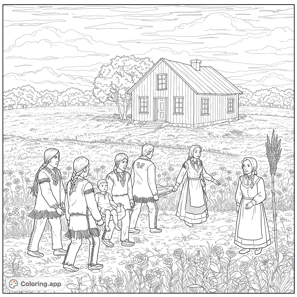 A poignant historical scene depicting Native Americans bringing a sick boy to a farmhouse, offering a unique and educational coloring experience.