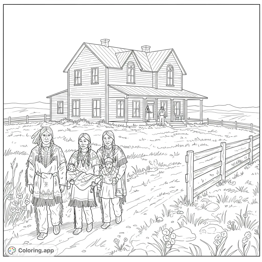 A poignant scene unfolds as Native Americans bring a sick boy to a Nebraska farmhouse, depicting a moment of compassion and aid on the vast prairie.