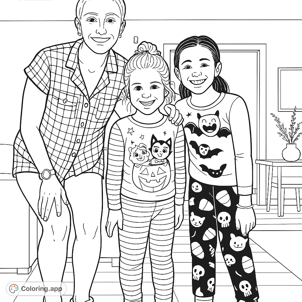 A delightful Halloween-themed coloring page featuring three smiling individuals in festive pajamas, ready for a cozy spooky season celebration.