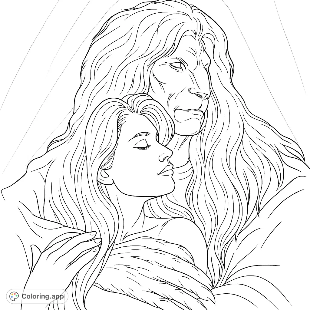 A captivating fantasy coloring page depicting a woman and a majestic beast in a tender embrace, perfect for adult colorists seeking a mythical adventure.