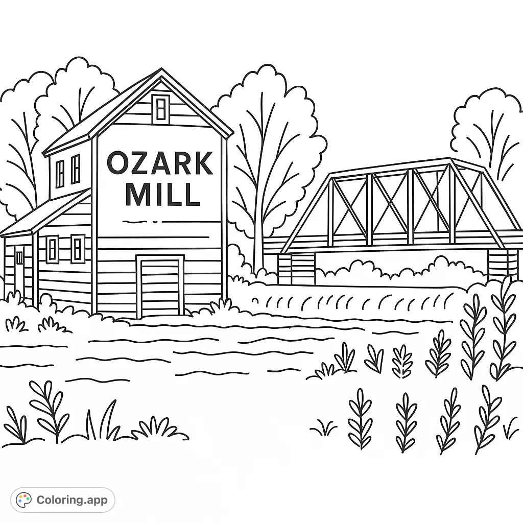 Color a charming rustic scene featuring an old mill building, a classic truss bridge, and natural landscape elements. Perfect for all ages.