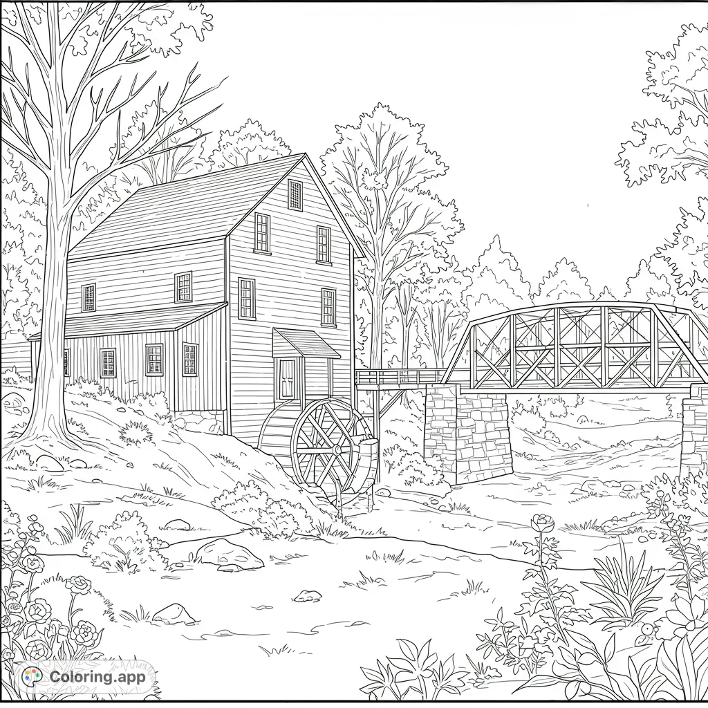 Explore a charming rustic mill and sturdy truss bridge nestled in a natural landscape. A detailed scene perfect for creative coloring.