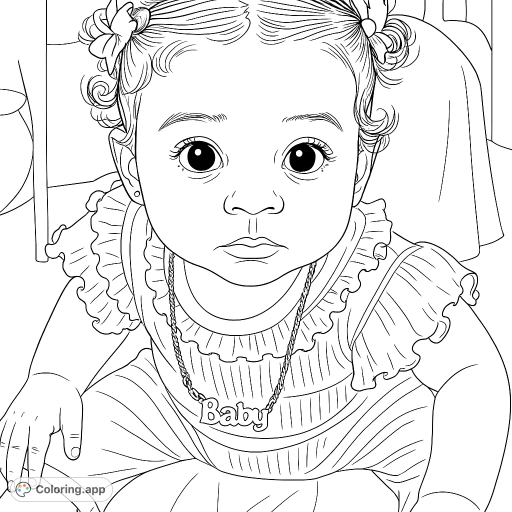 An adorable baby portrait coloring page featuring a sweet infant with expressive eyes, charming hair buns, and a cute ruffled outfit.