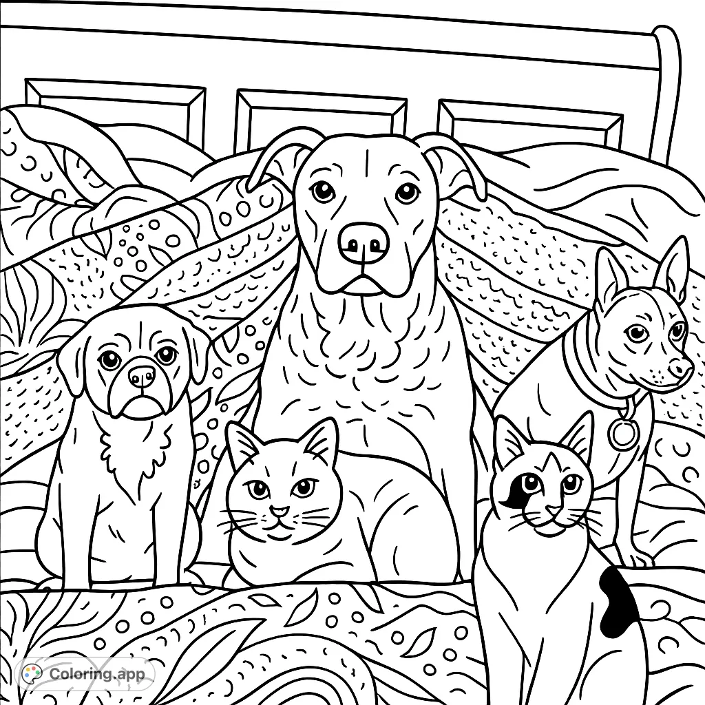 Snuggle up with this adorable pet coloring page featuring a cozy group of dogs and cats under a blanket on a bed. Perfect for animal lovers!