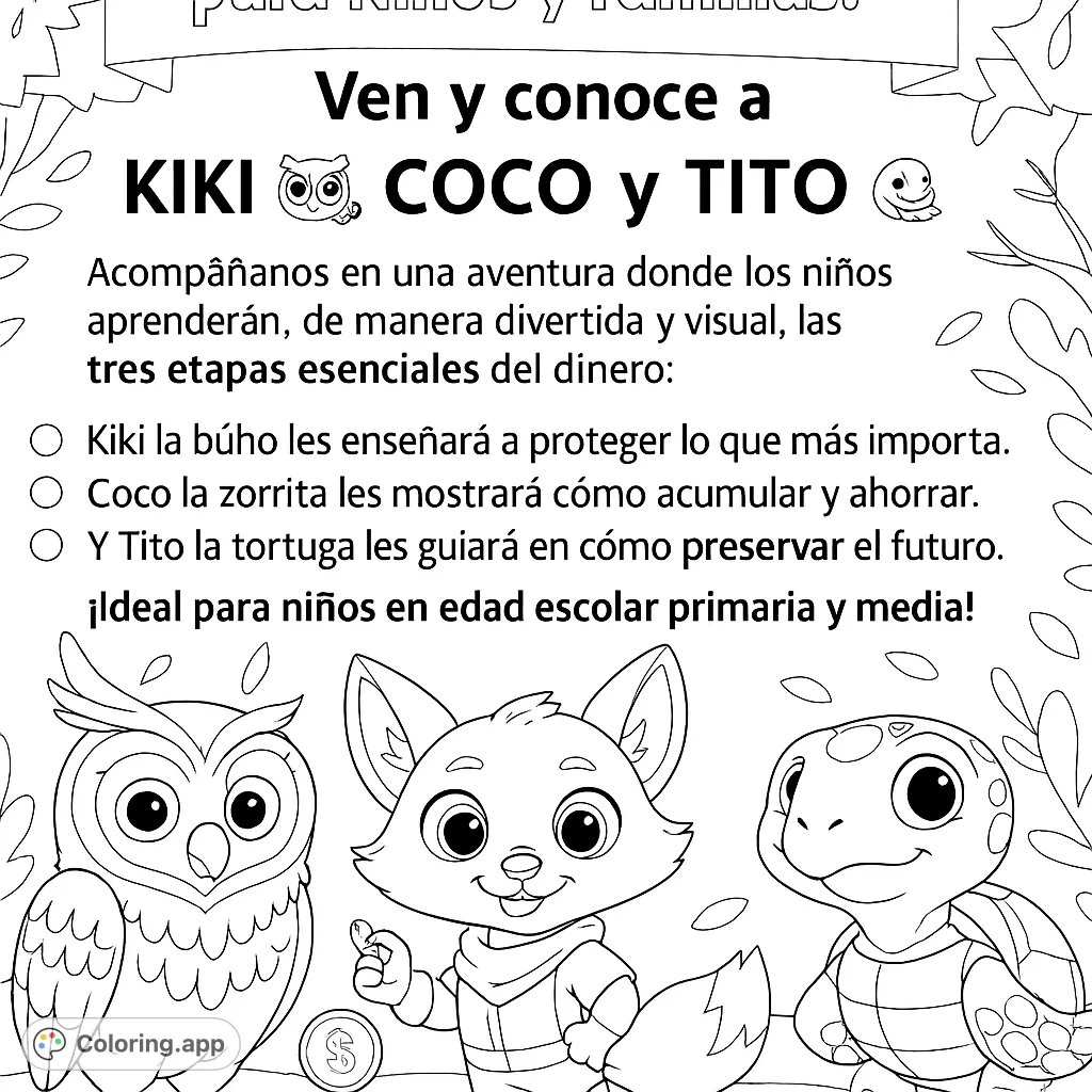 Meet Kiki the owl, Coco the fox, and Tito the turtle in this charming forest scene. A delightful animal adventure for all ages.