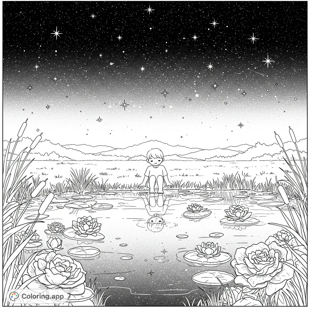 A serene child sits by a tranquil pond, surrounded by blooming flowers and a sky filled with stars, creating a peaceful and reflective scene.