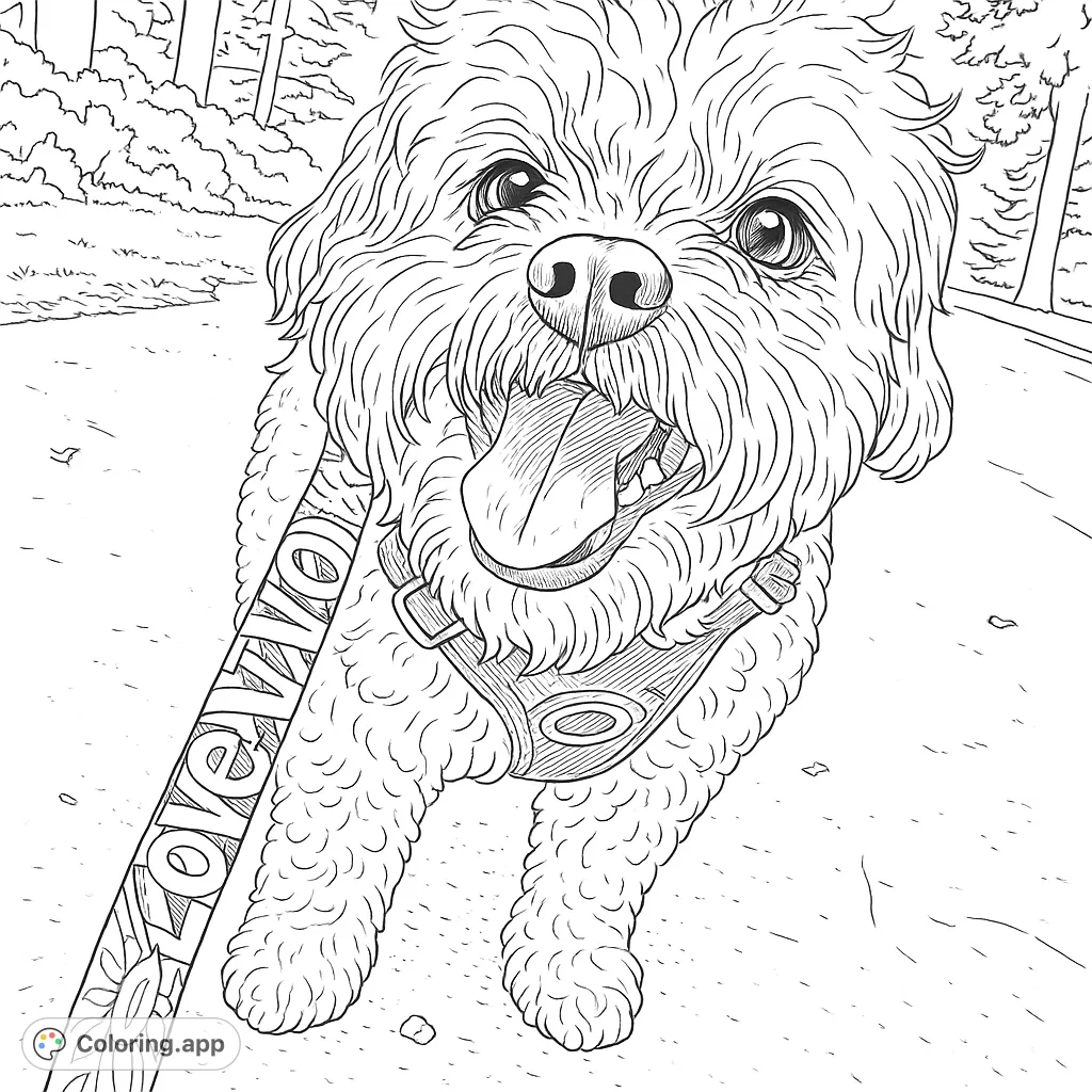 A delightful dog coloring page featuring a fluffy, happy canine with an expressive face and patterned leash, perfect for all ages.