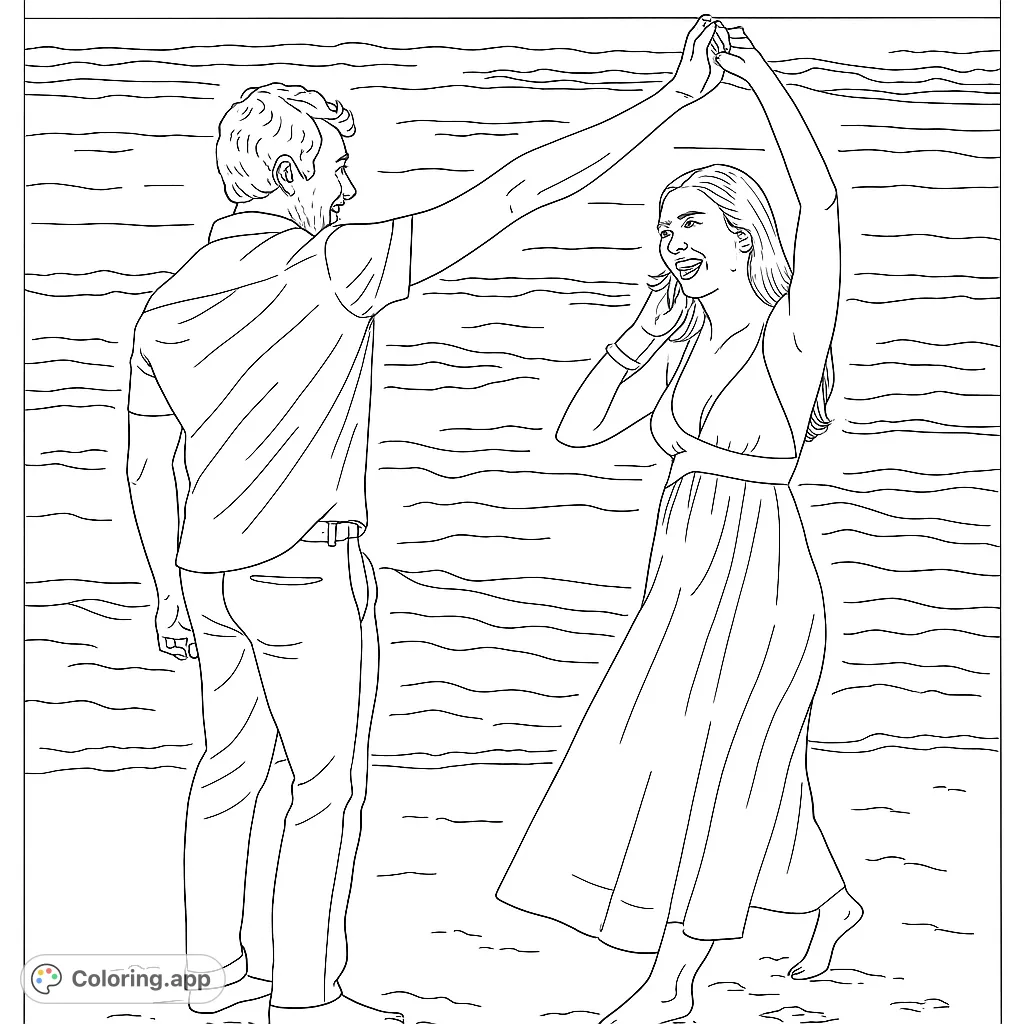 Capture the joy of a couple dancing on a sandy beach. This romantic scene features flowing garments and gentle waves, perfect for a relaxing coloring experience.