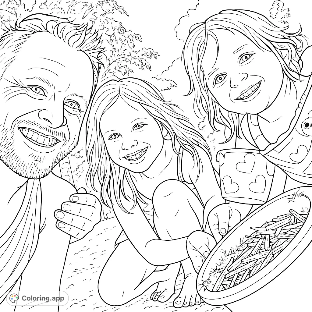 Capture joyful family moments at the beach! This free printable coloring page features a smiling dad and two happy kids enjoying a sunny day by the water.