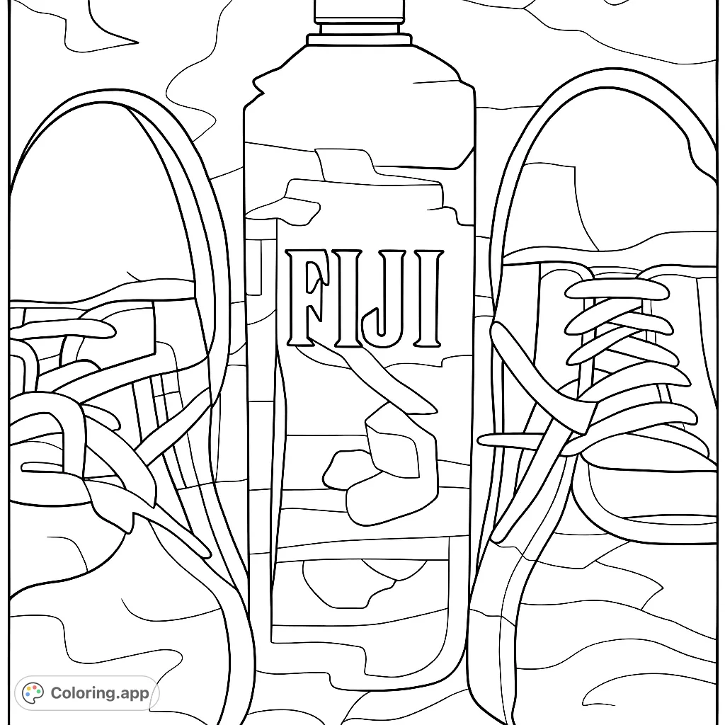 A dynamic coloring page featuring a prominent bottle flanked by two stylish sneakers, set against a textured urban background. Perfect for street art enthusiasts.