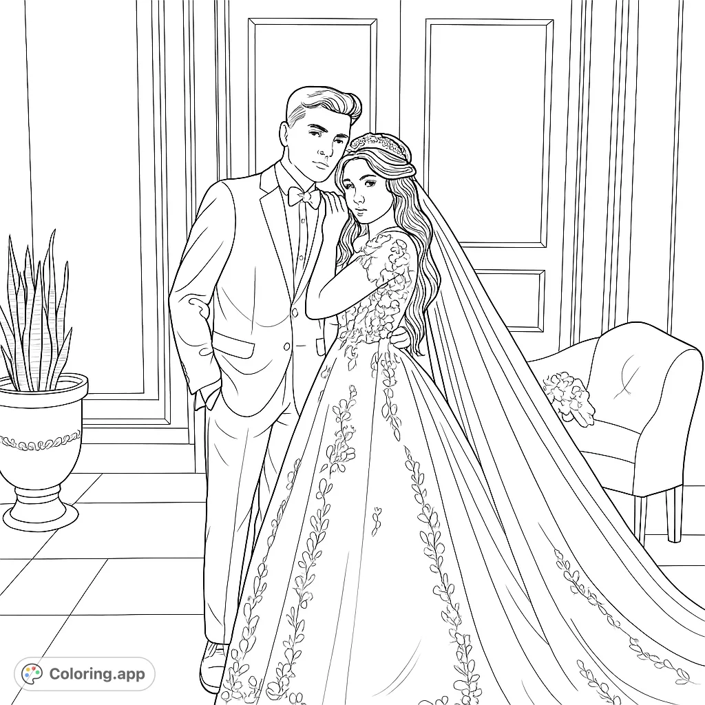 Capture the elegance of a wedding day with this beautiful couple coloring page. Perfect for celebrating love and creating personalized art.