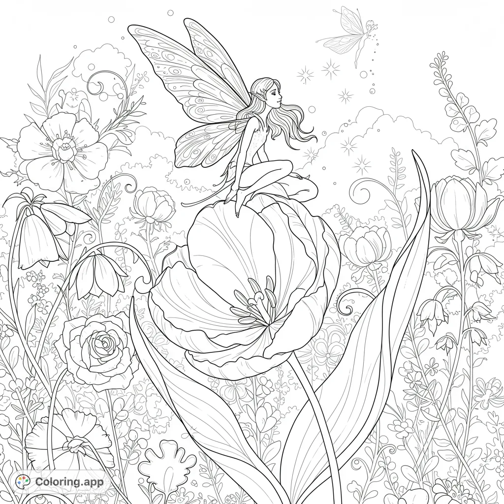 A magical fairy gracefully rests on a blooming tulip amidst a whimsical garden, inviting enchanting coloring. Perfect for fantasy lovers.