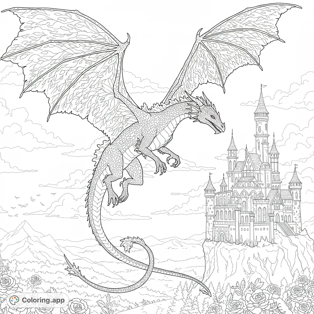 Soar into a fantasy world with a majestic forest dragon flying alongside a grand, airborne castle. A magical adventure awaits your colors!