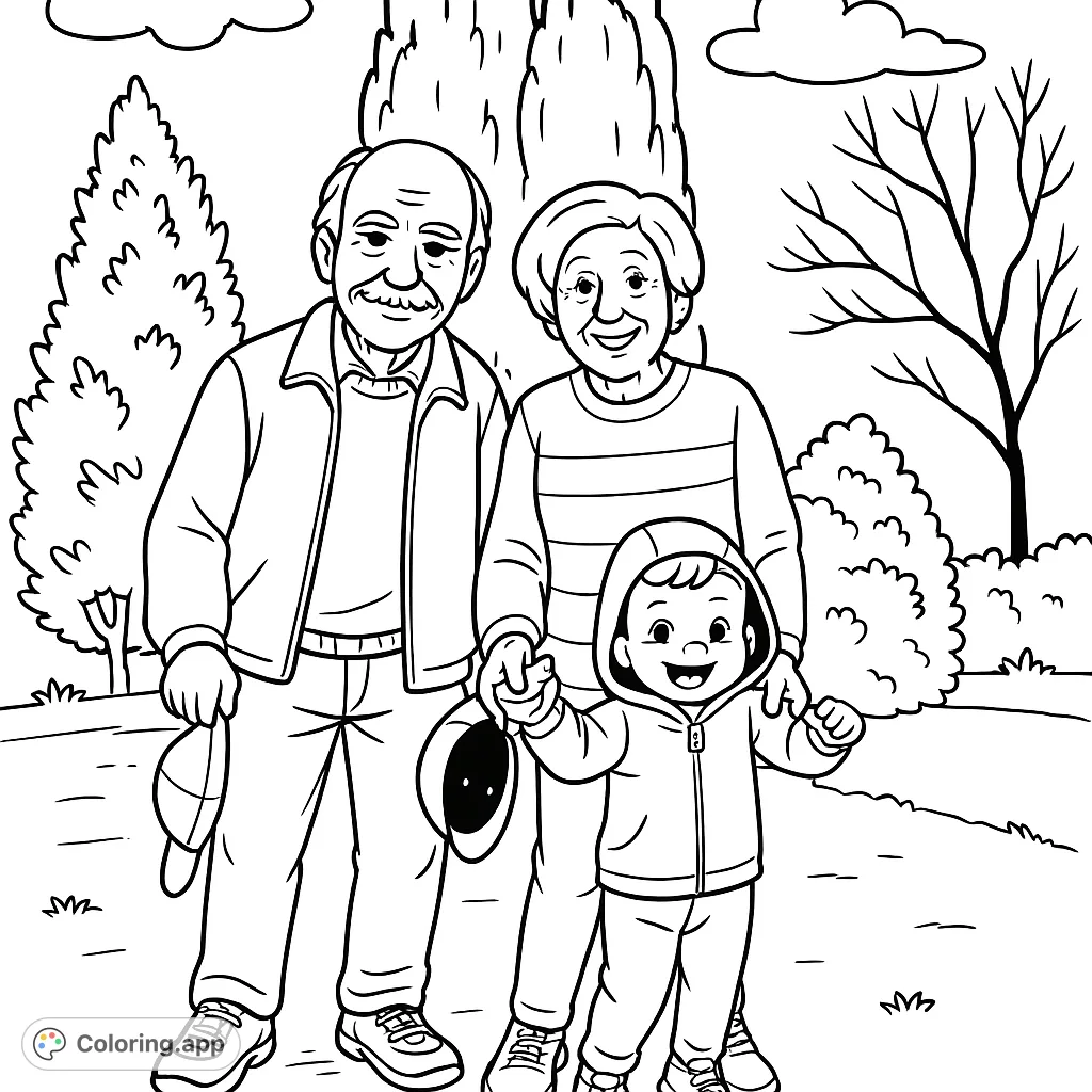 A heartwarming scene of a family outing, featuring two adults and a joyful child, perfect for a free printable family coloring page.