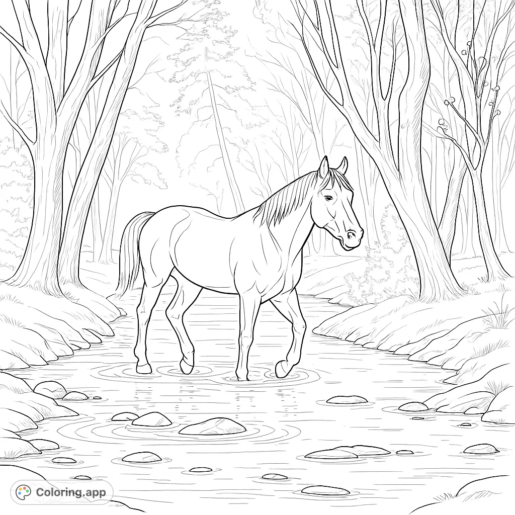 A beautiful horse wades through a tranquil forest stream, surrounded by tall trees and natural elements. Perfect for nature and animal lovers.