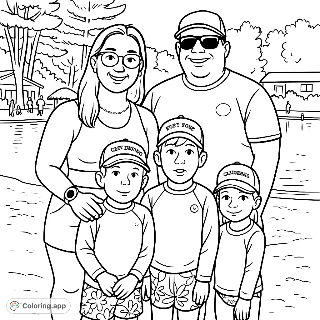 A happy family enjoys a sunny day by the lake, perfect for a fun and engaging coloring activity. Features a cartoony style with bold outlines.