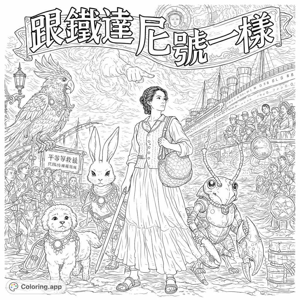 A captivating scene featuring a woman and her whimsical companions at a bustling, fantasy-filled port, with a grand ship, creatures, and dynamic background.