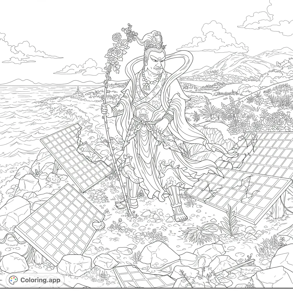 Witness Lu Ban, a powerful Eastern deity, unleashing his might along a rugged coastline, overturning numerous photovoltaic panels across the hillsides.
