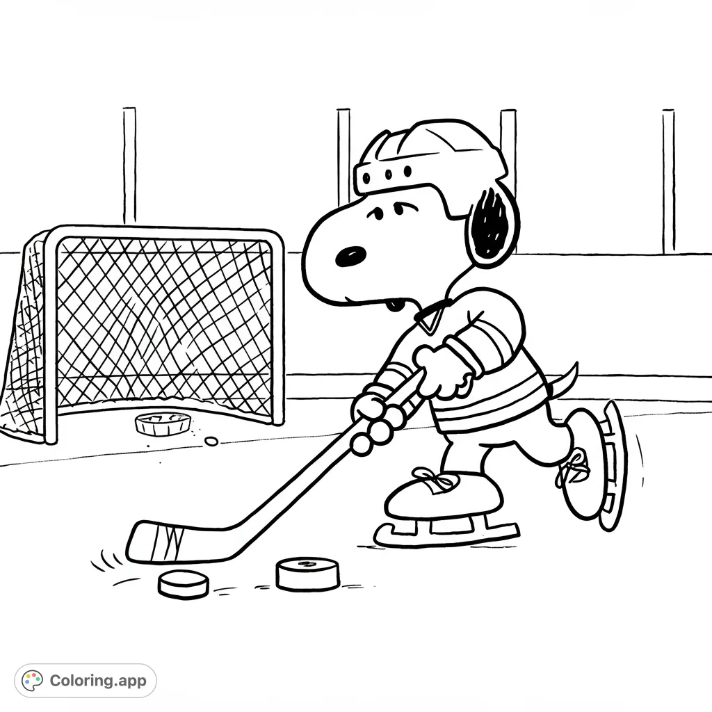 Join Snoopy as Joe Cool on the ice in this dynamic hockey coloring page! Featuring a detailed jersey and rink setting, perfect for sports fans.