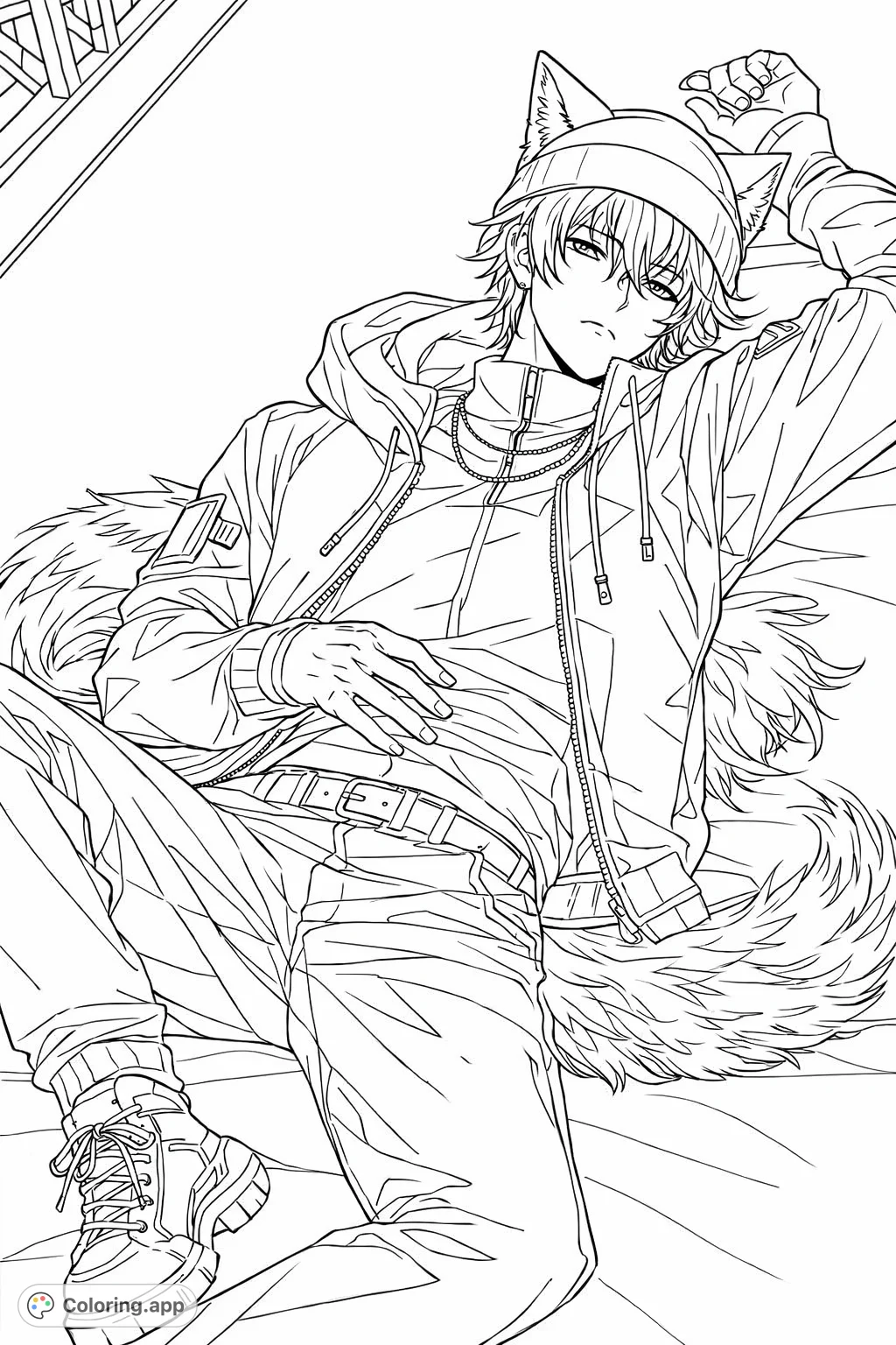 Relax with this anime wolf boy coloring page, featuring a stylish character with wolf ears and tail. Perfect for fans of manga and fantasy themes.