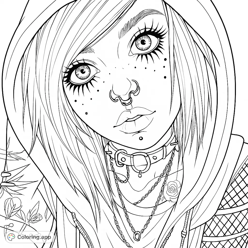 Dive into the edgy world of alternative fashion with this detailed portrait coloring page, featuring intricate piercings, layered accessories, and striking facial details.