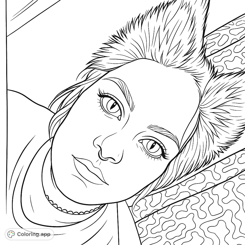 A captivating portrait of a fantasy character featuring large, fluffy animal ears and striking, multi-patterned eyes. A unique character coloring page.