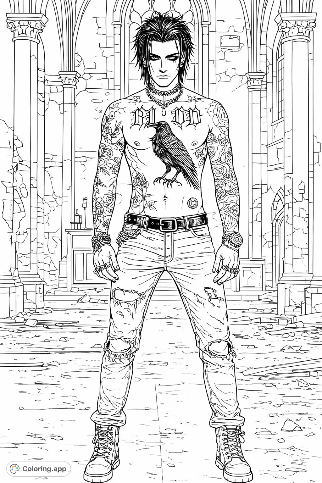 Unleash your creativity on this gothic figure, adorned with intricate tattoos, standing amidst the atmospheric decay of a grand, ruined hall.