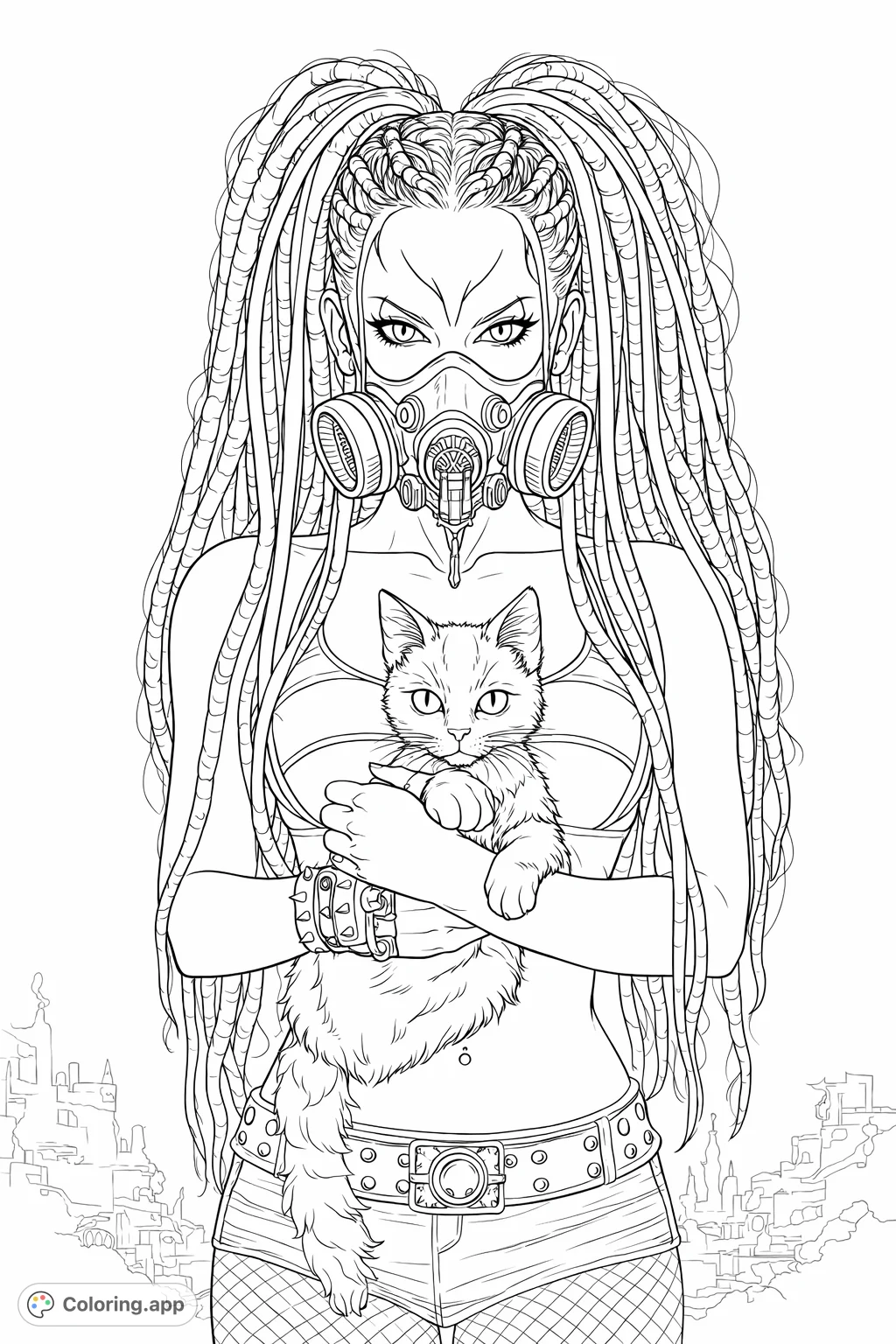 A captivating masked figure cradles a mysterious feline, set against a dark, industrial backdrop. This unique design offers intricate details for a challenging coloring experience.