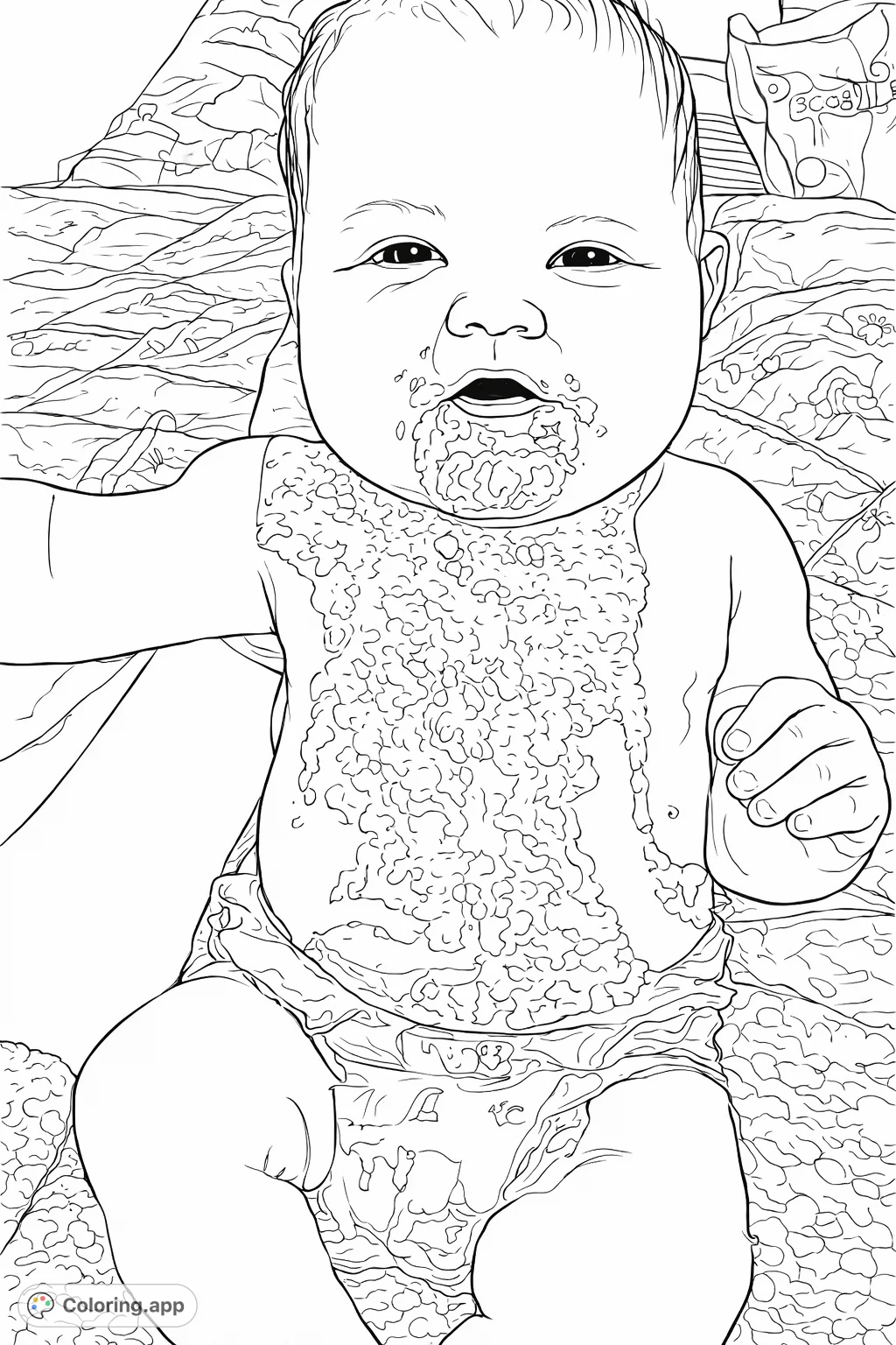 A delightful messy baby moment, featuring an infant with widespread textured splatters on its chest and around its mouth, offering a unique and humorous coloring challenge.