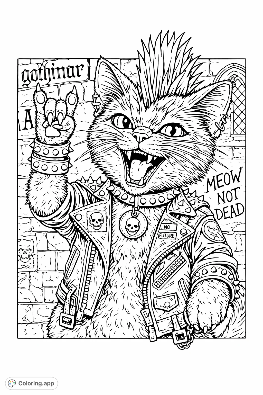 Unleash your inner rebel with this punk rock cat featuring a spiked jacket, mohawk, and defiant pose. A cool, free printable for creative expression.