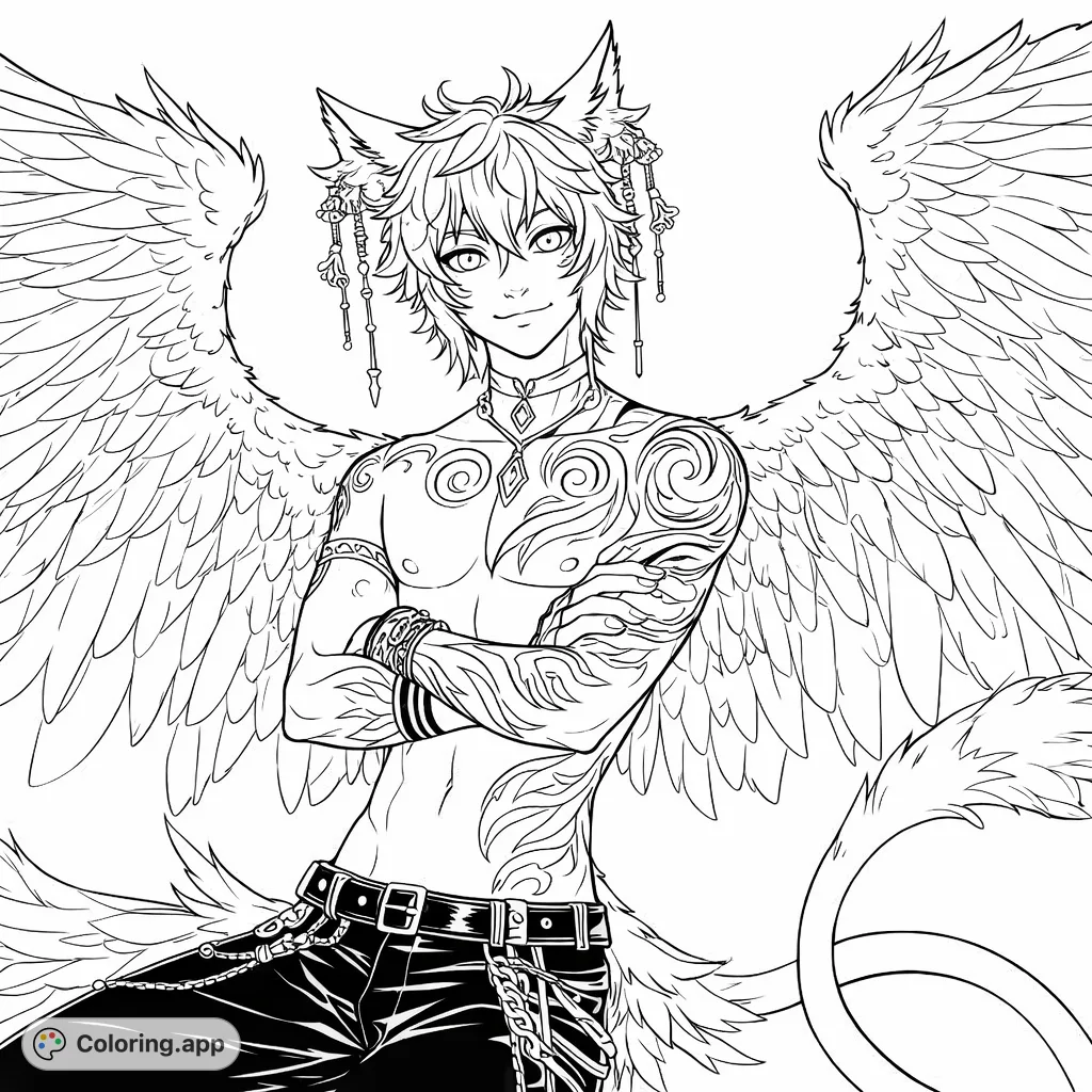 Color a magnificent winged guardian character with intricate tribal patterns and elaborate feathered wings. A captivating fantasy design.
