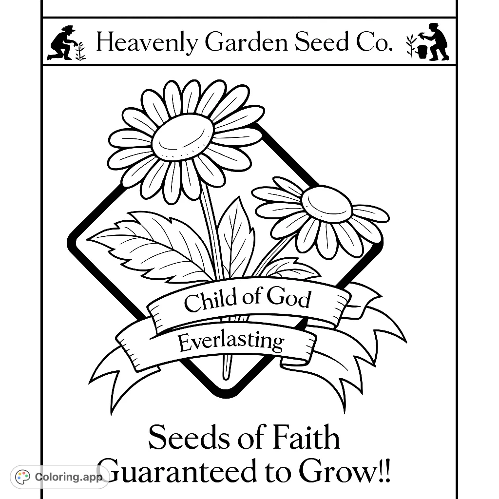 A beautiful floral design featuring two daisy-like flowers, leaves, and an inspirational banner, perfect for a faith-themed coloring page.