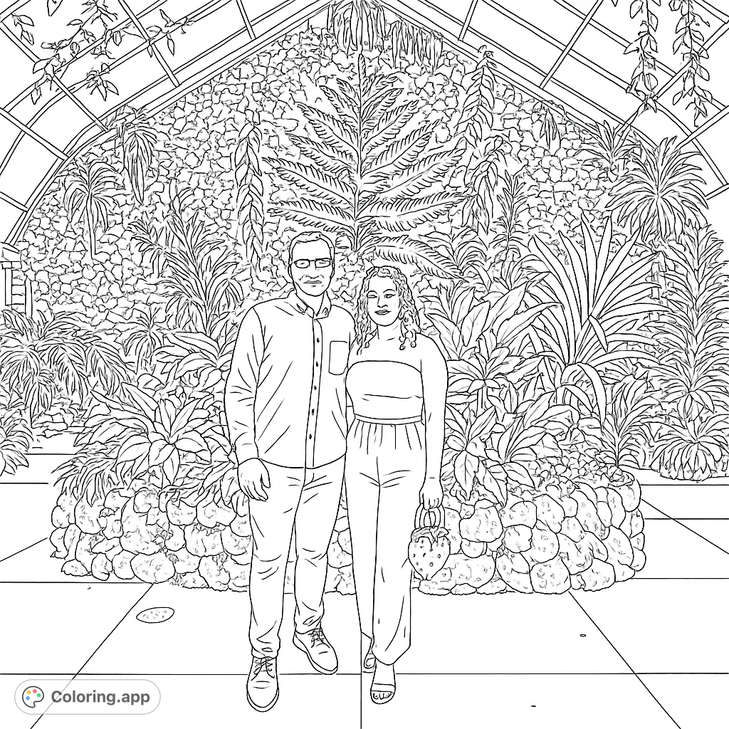 A charming botanical garden coloring page featuring a couple amidst lush plants and a glass ceiling. Perfect for nature lovers and those who enjoy detailed scenes.
