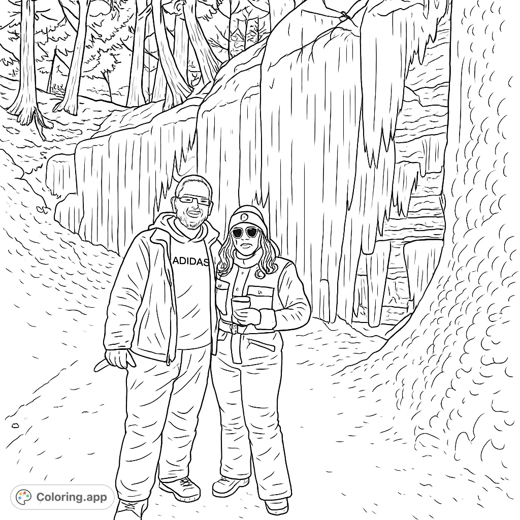 Explore a stunning winter scene with two adventurers standing before a magnificent frozen waterfall and icy cave formations. A captivating winter wonderland adventure coloring page.