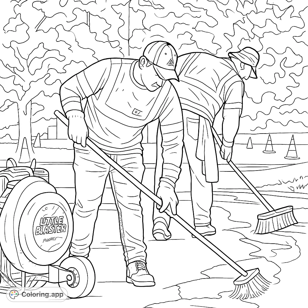A detailed community service coloring page featuring two workers sweeping a paved area, perfect for all ages to appreciate essential labor.