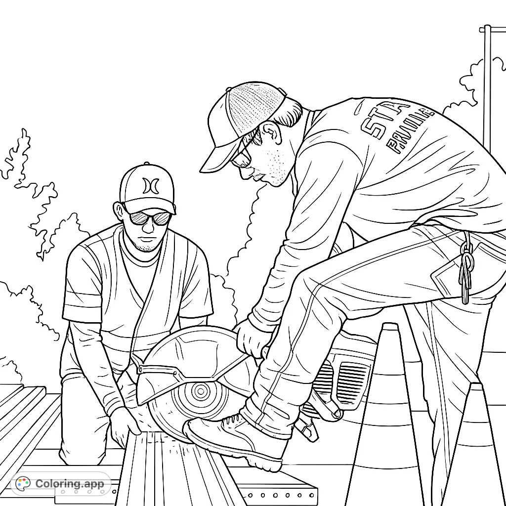 A detailed construction scene featuring two workers operating a large saw to cut metal beams, with safety cones and a natural background. Perfect for aspiring builders.