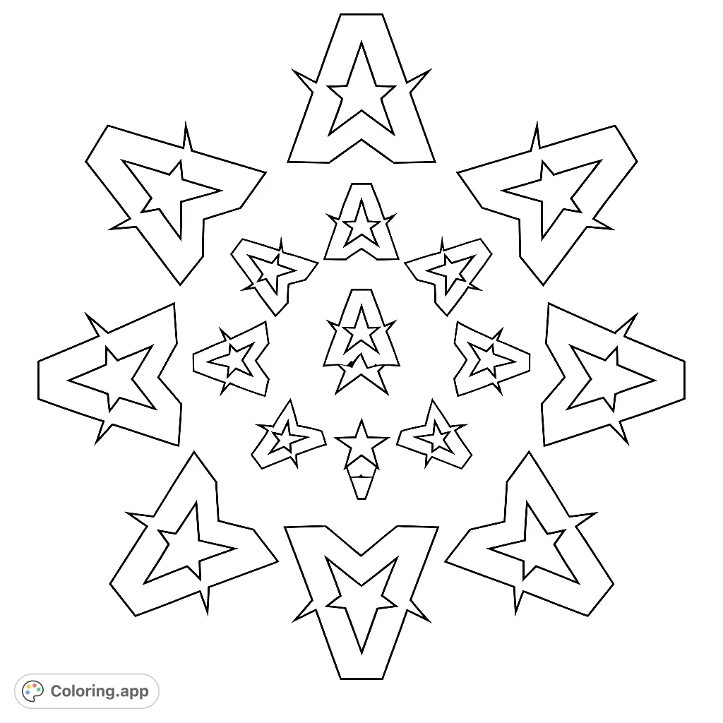 An intricate geometric star mandala coloring page, perfect for detailed coloring. Features repeating star and letter-like shapes in a mesmerizing radial design.