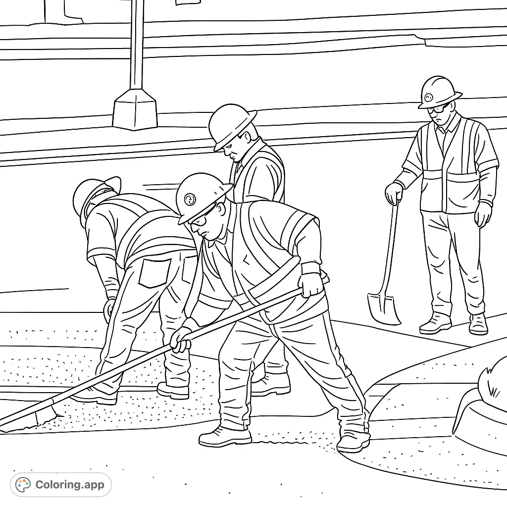 A detailed road construction coloring page featuring workers in safety gear, spreading asphalt. Perfect for learning about community jobs.