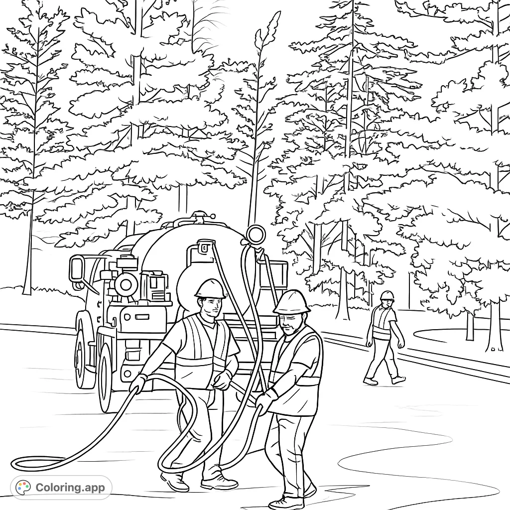 A detailed road crew at work coloring page, featuring workers, a truck, and tools on a paved surface, ready for creative coloring.