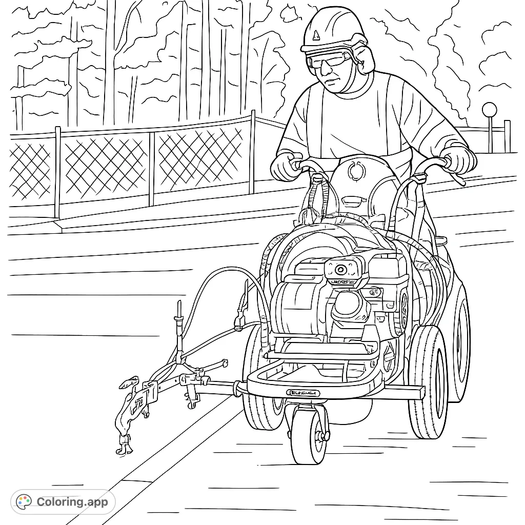 A detailed road line painting scene, featuring a worker operating a specialized machine, perfect for those interested in construction and community infrastructure.