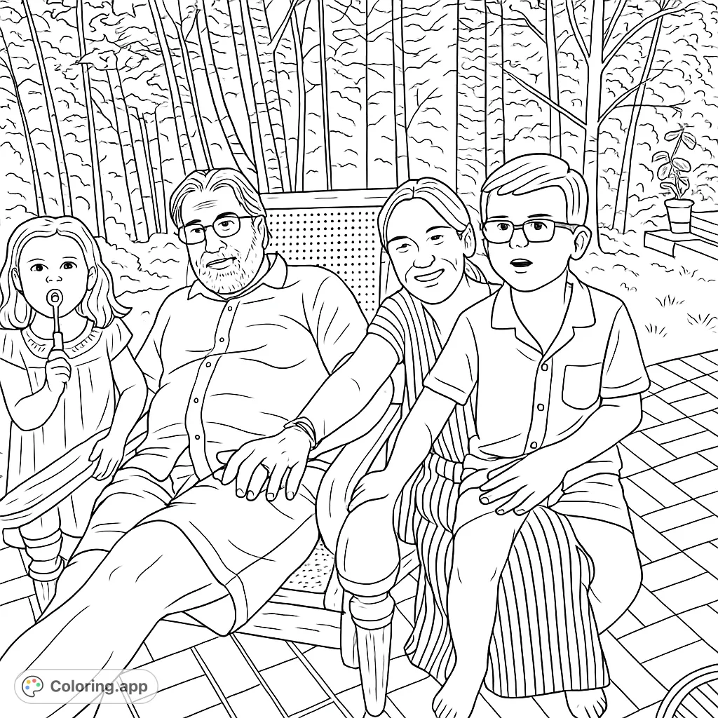 Capture a heartwarming family moment outdoors on a sunny patio. This free printable family coloring page features generations enjoying a relaxed gathering amidst nature.