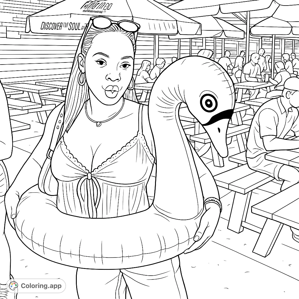 A fun-loving person with an inflatable swan float at a lively outdoor patio. Perfect for a unique and playful coloring experience.