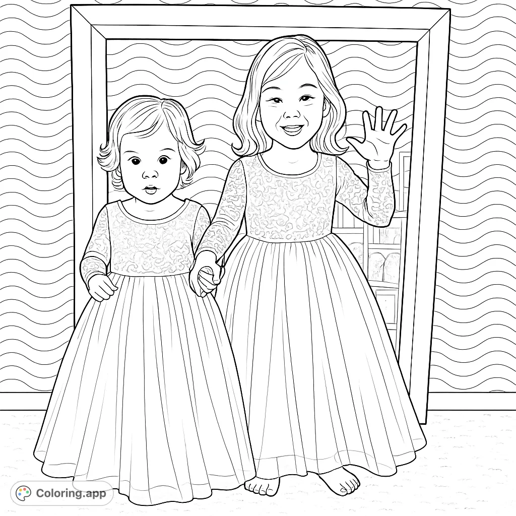 Capture the charm of two little girls in elegant gowns, holding hands, ready for your creative touch. A delightful free printable coloring page for kids.