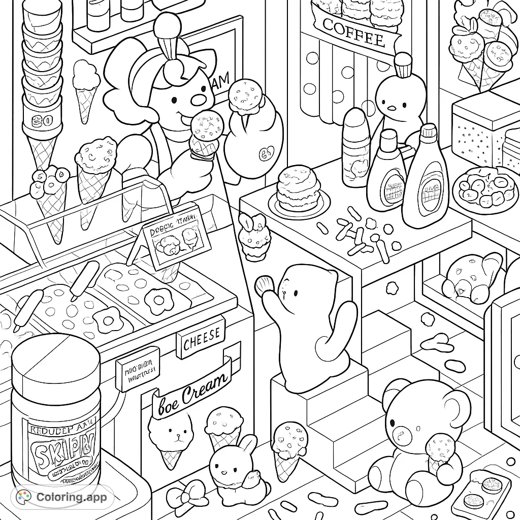 Step into a delightful ice cream shop scene filled with whimsical characters, delicious treats, and endless coloring possibilities for sweet fun!