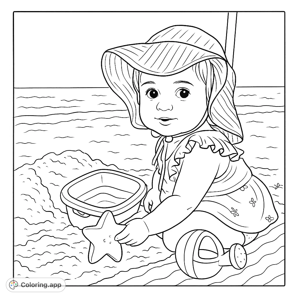 A delightful baby enjoys a day at the beach, playing with sand toys under a sun hat. Perfect for a relaxing and heartwarming coloring experience.