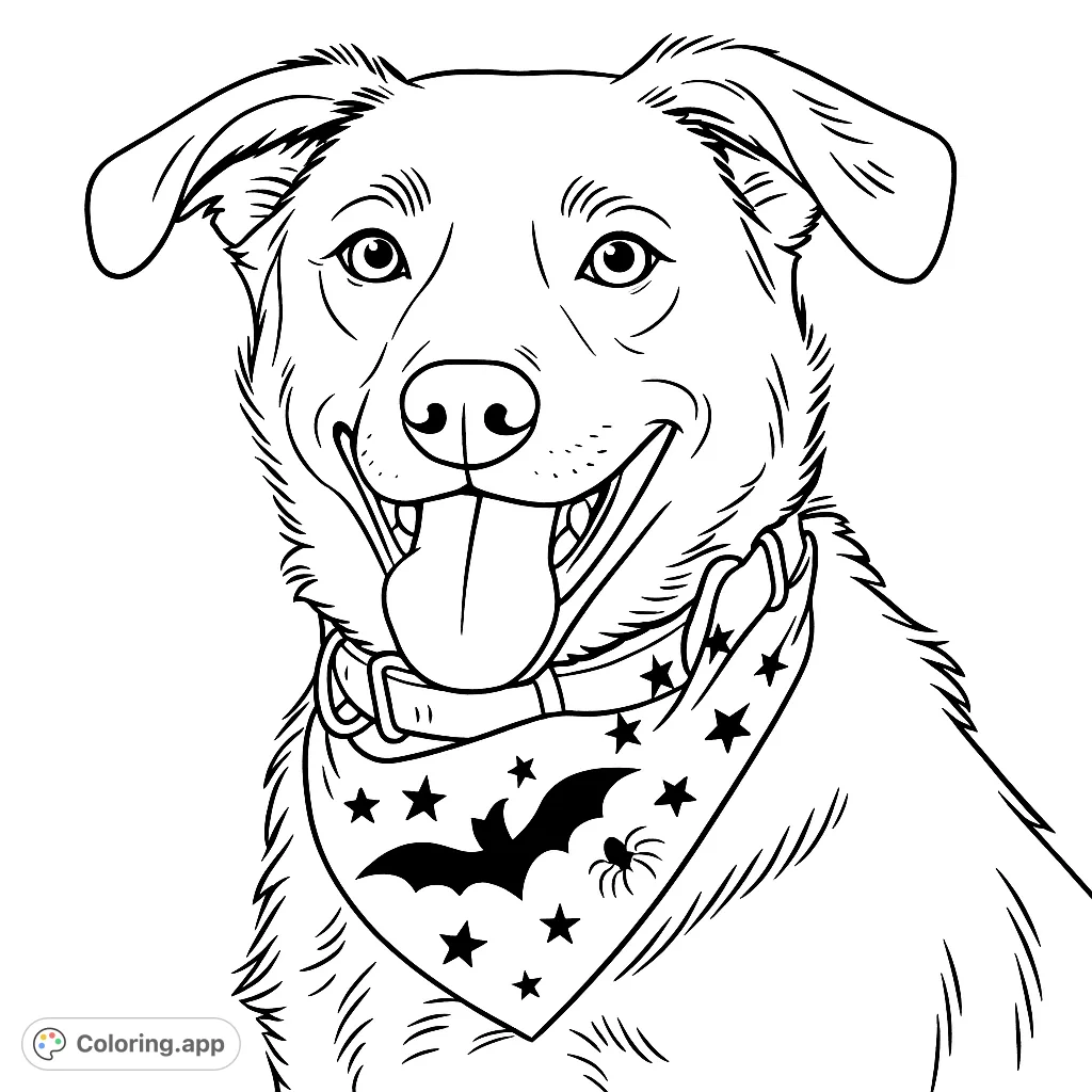 A charming dog wearing a fun Halloween bandana, perfect for festive coloring. Features a friendly expression and spooky-cute patterns.