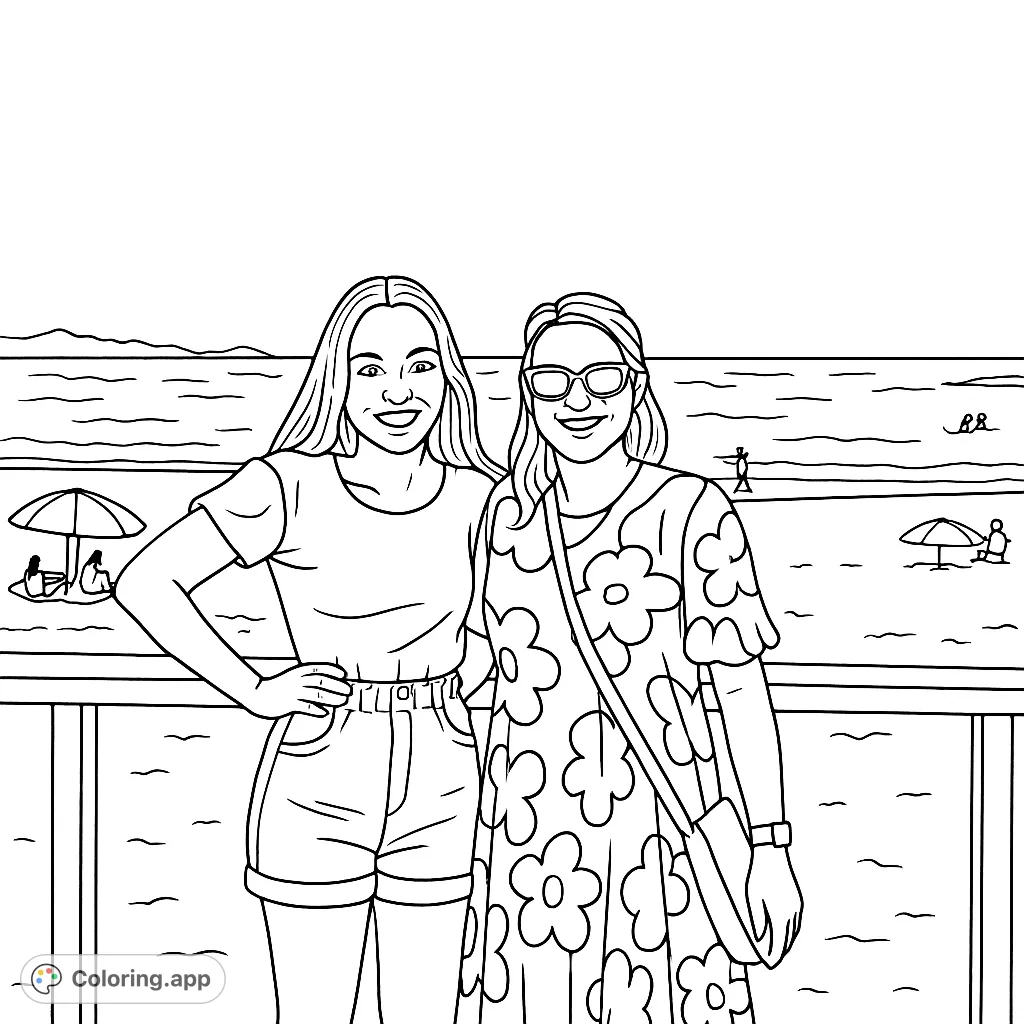 Capture a joyful beach day with two friends, sandy shores, and ocean views. A perfect summer scene for relaxation and creative coloring.